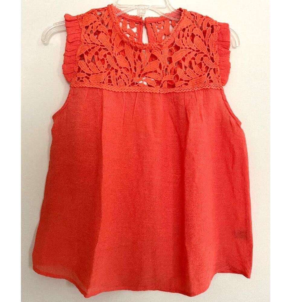 Mine Coral Orange Crochet Lace Yoke Sleeveless Blouse Ruffle Trim Top Size M